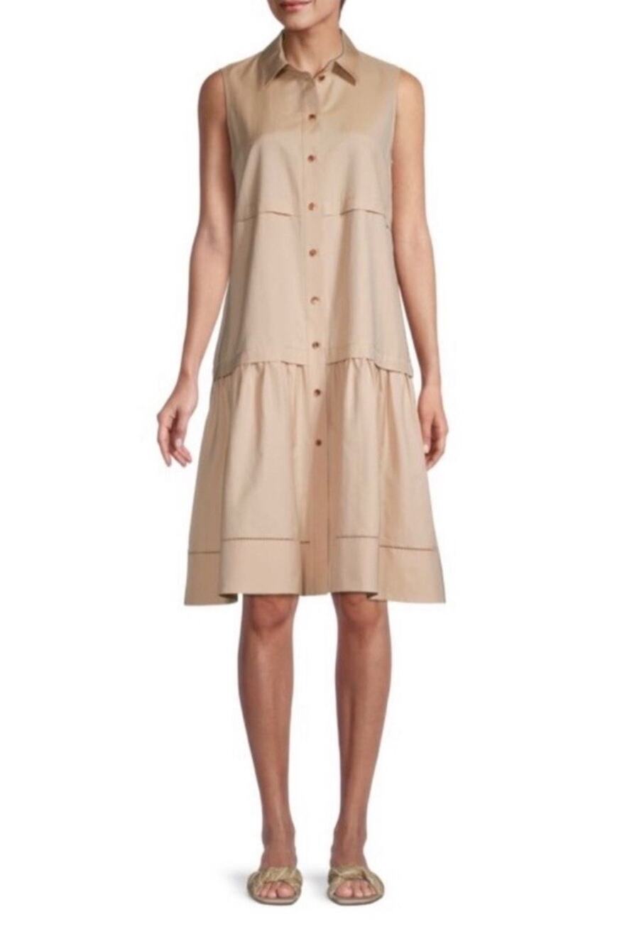 Lafayette 148 Serena Sleeveless Shirt Dress XS Beige Tiered Cotton Silk Blend